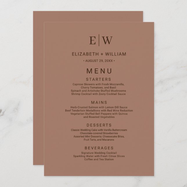 Elegant Simple Mocha Mousse med Monogram Bröllop Meny (Fram/baksida)