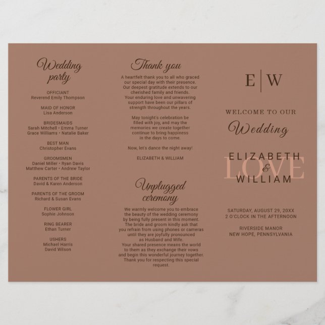 Elegant Simple Mocha Mousse med Monogram Bröllop Reklamblad (Framsidan)