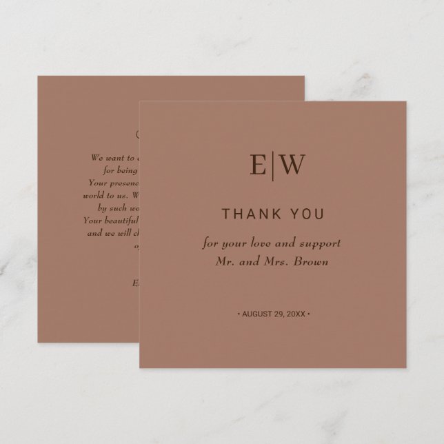 Elegant Simple Mocha Mousse med Monogram Bröllop Tack Kort (Fram/baksida)