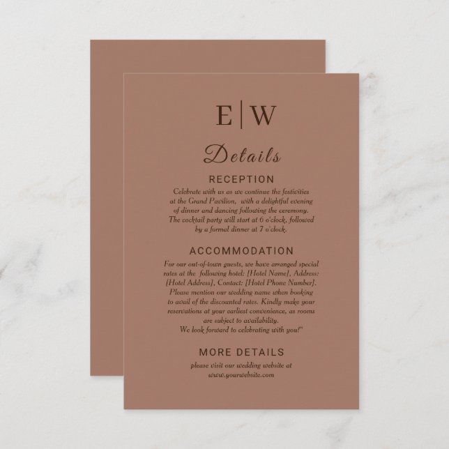 Elegant Simple Mocha Mousse med Monogram Bröllop Tilläggskort (Fram/baksida)