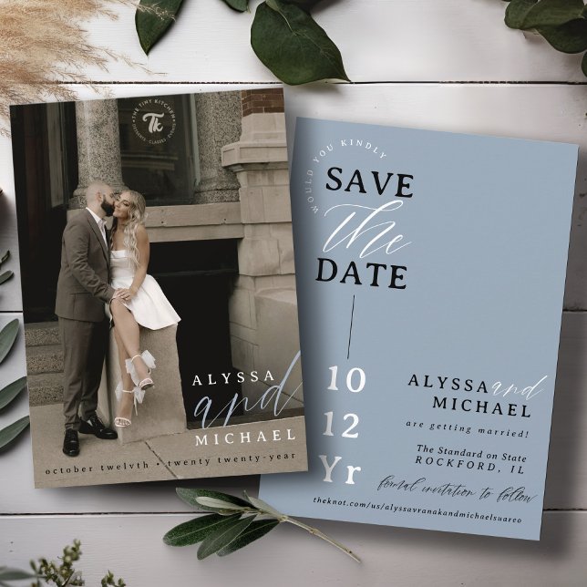 Elegant Simple Modern Dusty Blue Photo Bröllop Spara Datumet (Elegant modern photo typography script simple wedding save the date, black and white, dusty blue)