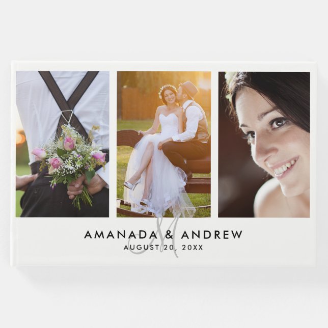 Elegant Simple Modern Monogram 3 Foton Bröllop Gästböcker (Framsida)