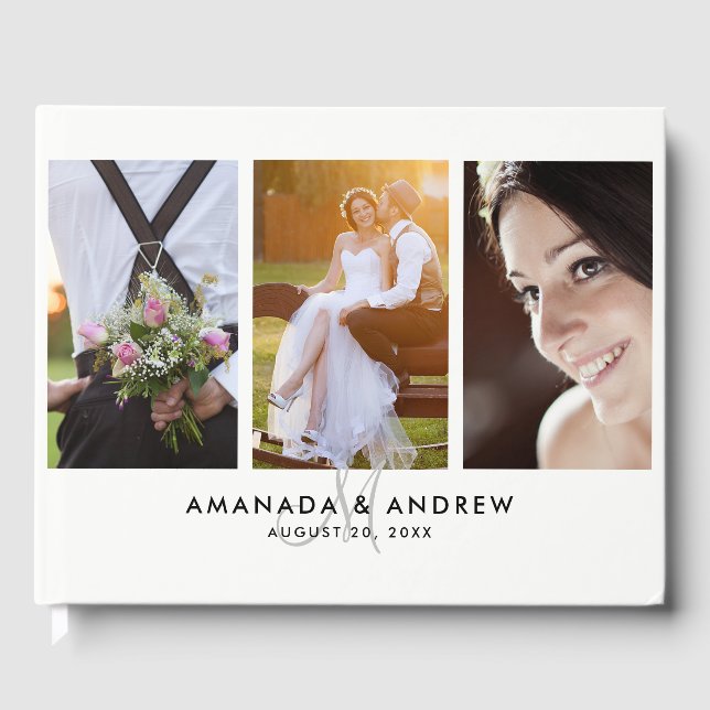 Elegant Simple Modern Monogram 3 Foton Bröllop Gästböcker (Framsida)