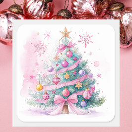 Elegant Simple Modern Pink Vintage Christmas Tree Fyrkantigt Klistermärke