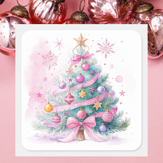Elegant Simple Modern Pink Vintage Christmas Tree Fyrkantigt Klistermärke