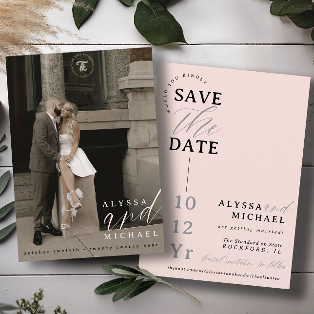 Elegant Simple Modern  Rosa Photo Bröllop Spara Datumet (Elegant modern photo typography script simple wedding save the date, blush pink, black, gray, white)