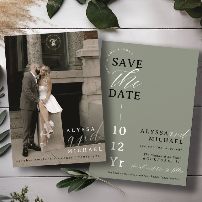 Elegant Simple Modern Sage Grönt Photo Bröllop Spara Datumet (Elegant modern photo typography script simple wedding save the date, black & white, moss, sage green)