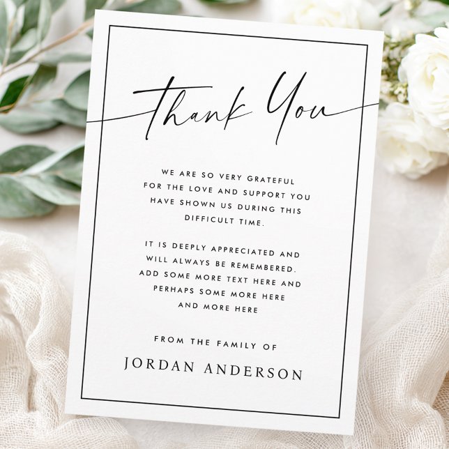 Elegant simple modern script thin border funeral tack kort (Elegant simple modern script thin border funeral thank you card)