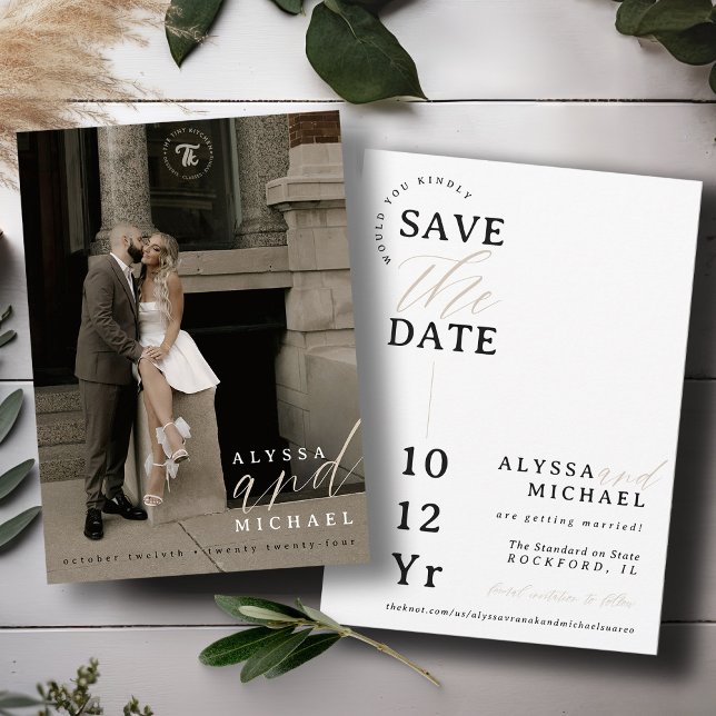 Elegant Simple Modern White Script Photo Bröllop Spara Datumet (Elegant modern photo typography script simple wedding save the date, black and white, champagne tan)