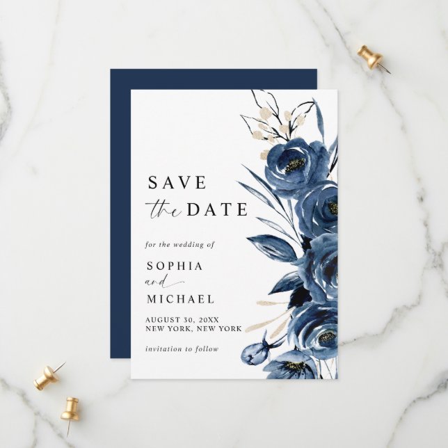 Elegant Simple Navy Blue Watercolor Wedding  Spara Datumet (Fram/Back In Situ)