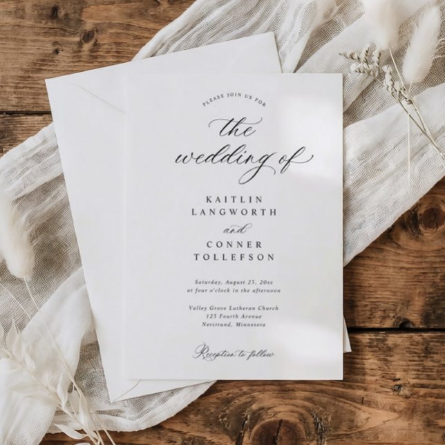Elegant Simple Old Money Black and White Wedding Inbjudningar (Classic black and white wedding invitation with elegant calligraphy and traditional script)