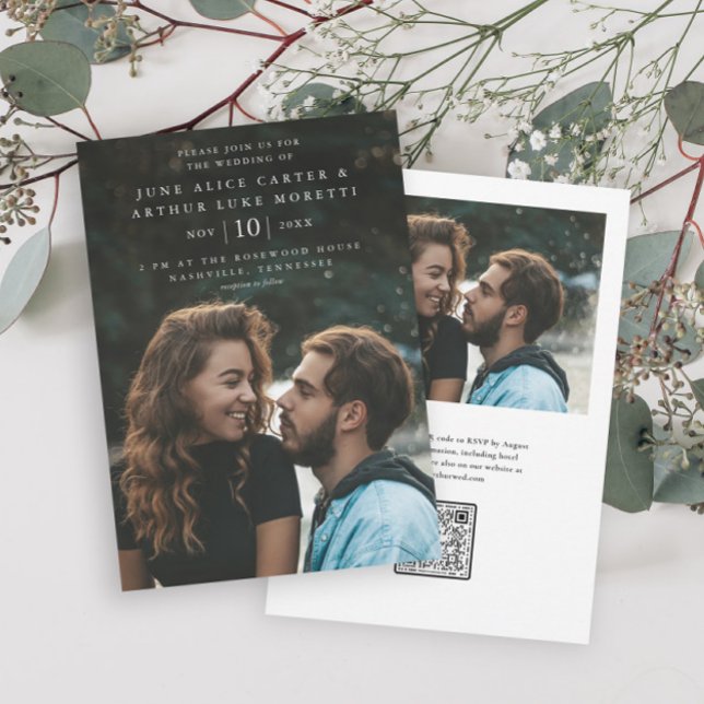 Elegant Simple Photo QR Code OSA Bröllop Inbjudningar (Simple type photo wedding invitation with QR Code RSVP on the back.)