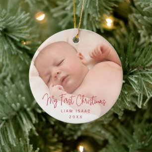 Elegant Simple Red Baby Photo Min första jul Julgransprydnad Keramik