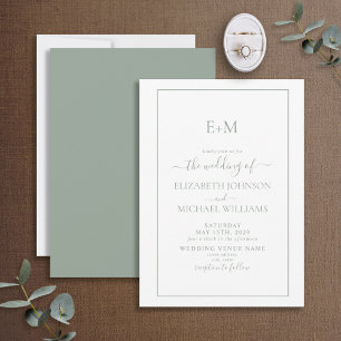 Elegant Simple Sage Grönt Forme Monogram Bröllop Inbjudningar