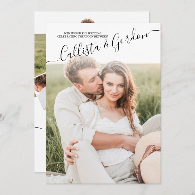 Elegant Simple Scripted Photo Collage Bröllop Inbjudningar (Fram/baksida)