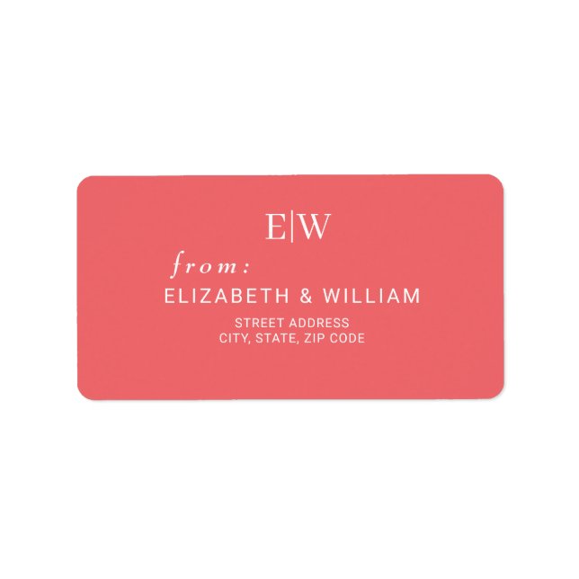 Elegant Simple Sunset Coral med Monogram Bröllop Adressetikett (Framsidan)