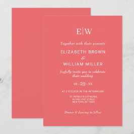 Elegant Simple Sunset Coral med Monogram Bröllop Inbjudningar