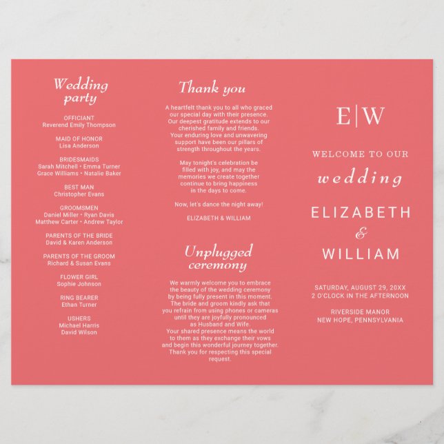 Elegant Simple Sunset Coral med Monogram Bröllop Reklamblad (Framsidan)