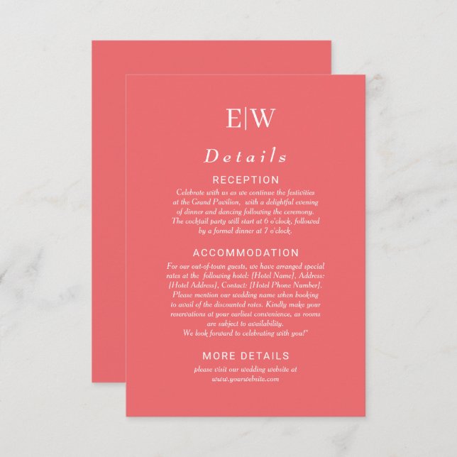 Elegant Simple Sunset Coral med Monogram Bröllop Tilläggskort (Fram/baksida)