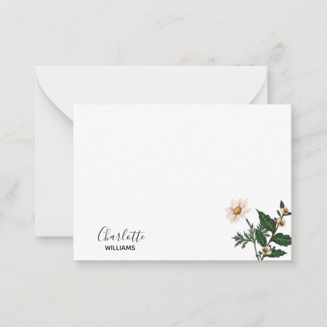 Elegant Simple White Wildblomma Script Namn Anteckningskort (Framsida)