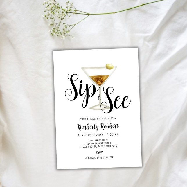 Elegant Sip och Se Martini Baby Shower Inbjudningar (Elegant Sip and See Martini Baby Shower Invitation)