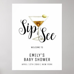 Elegant Sip & Se Martini Baby Shower Välkommen Poster