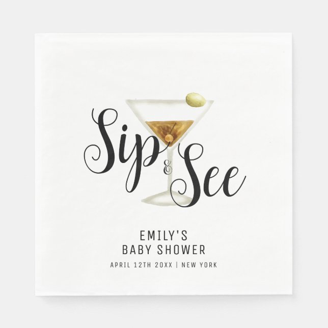 Elegant Sip & Se Martini Cocktail Baby Shower Pappersservett (Framsidan)