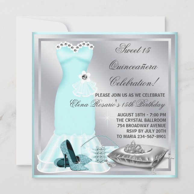 Elegant Sivler och Teal Blue Quinceanera Inbjudningar (Framsida)