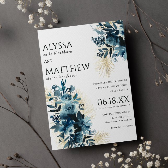 Elegant: sjöblå guld-blommigten bröllop inbjudningar (Elegant navy blue gold watercolor floral wedding invitation )