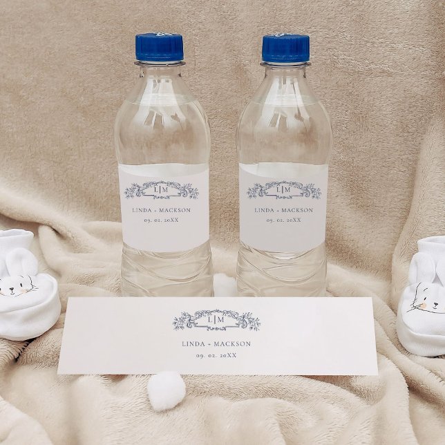 Elegant sjöfart botanisk vapensköldsmonogram bröll vattenflaskor etikett (Skapare uppladdad)