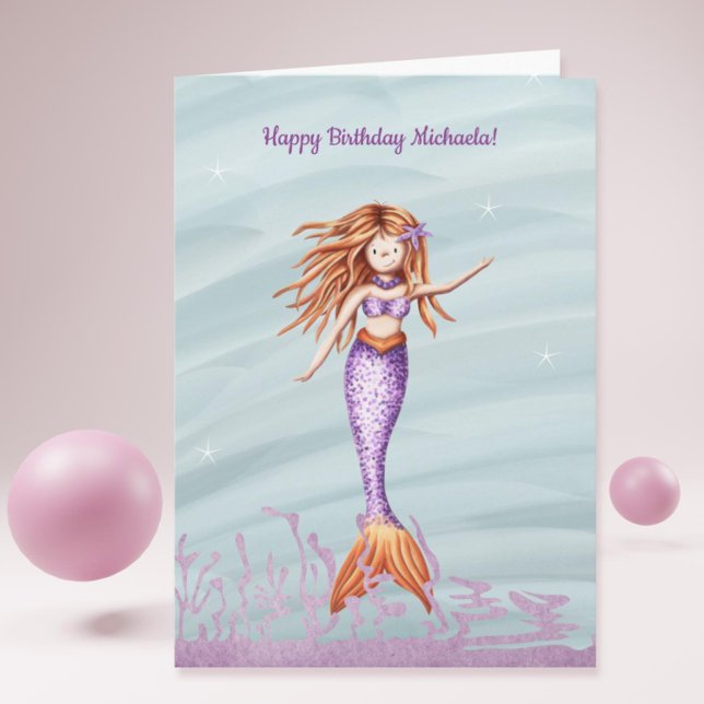 Elegant Sjöjungfru Personlig Namn födelsedag Kort (Elegant Mermaid Personalized Name Birthday Card)