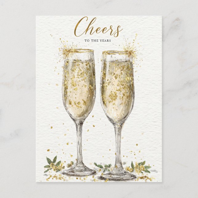 Elegant "Skål för åren" Guld champagne Vykort (Framsida)