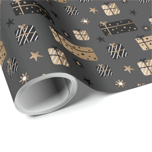 Elegant Skandi Jul Guld & Black Wrapping Presentpapper (Rullad Hörn)