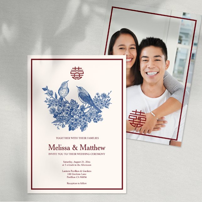 Elegant Skata Blommig Kinesisk Bröllopsinbjudan Meddelande (Elegant Magpie Floral Chinese Wedding Invitation)