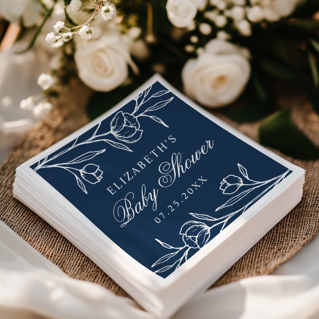 Elegant Sketched Blommigt Navy Baby Shower Pappersservett (Skapare uppladdad)