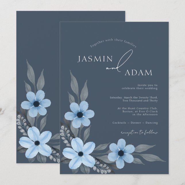 Elegant skifferblå blomsterbröllop inbjudningar (Fram/baksida)