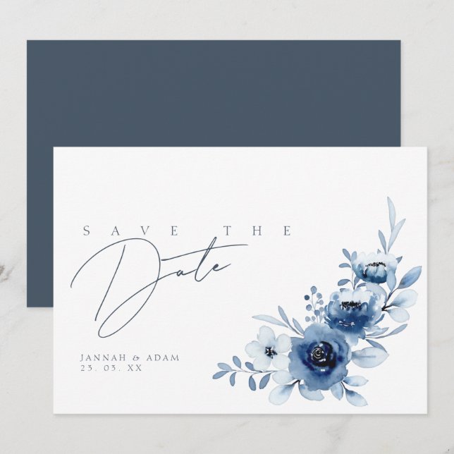 Elegant skifferblå blomsterbröllop spara datumet (Fram/baksida)