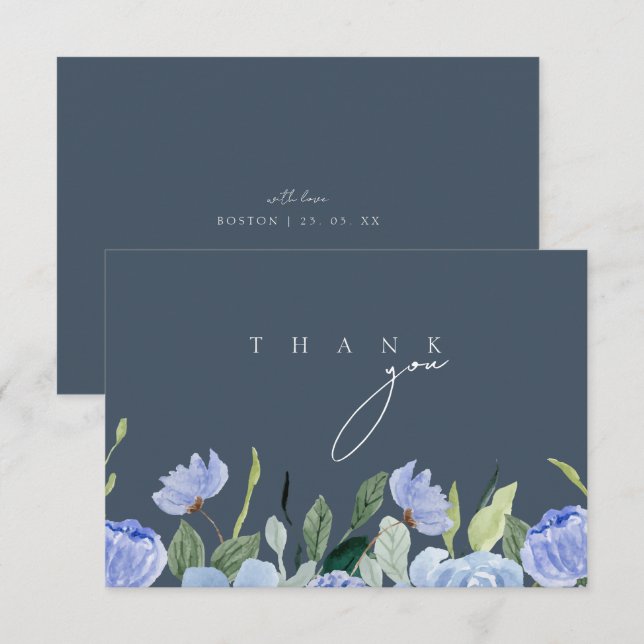 Elegant Skifferblå Vildblomma Bröllop Tack Kort (Fram/baksida)