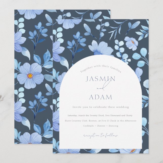 Elegant Skifferblå Yppighet Blommig Monogram Inbjudningar (Fram/baksida)