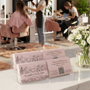 Elegant skiss av vildblomma i rosablush svart QR-k Visitkort