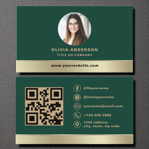 Elegant skoggrön guldlogotyp QR-kod Foto Visitkort