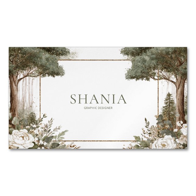 Elegant Skogsmark Vit Peony Guld Glitter Ram Magnetiska Visitkort (Framsida)