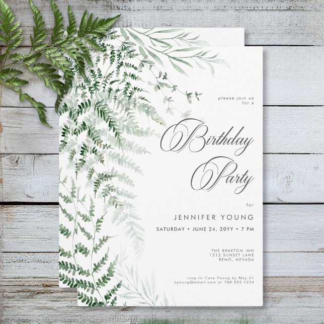 Elegant Skör Grönska Ormbunks Födelsedag Inbjudningar (Elegant Delicate Greenery Ferns Birthday Invitation)