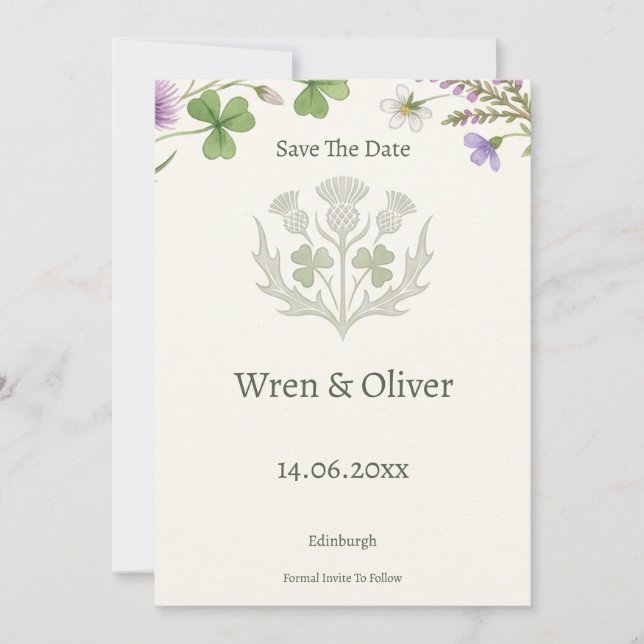 Elegant Skotsk Tistel Shamrock Save the Date Ca Spara Datumet (Framsida)