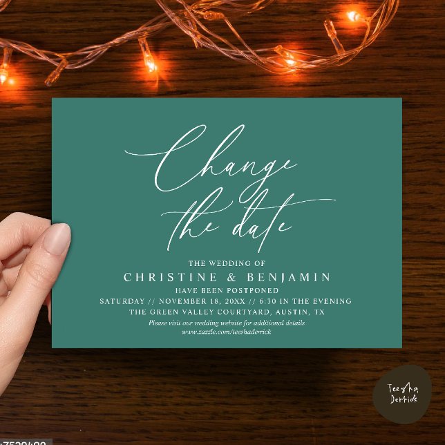 Elegant Skrift Ändra Datum Bröllop Fördröjd  Inbjudningar (Elegant Script Change the Date Wedding Postponement Invitation Card in Teal Green)