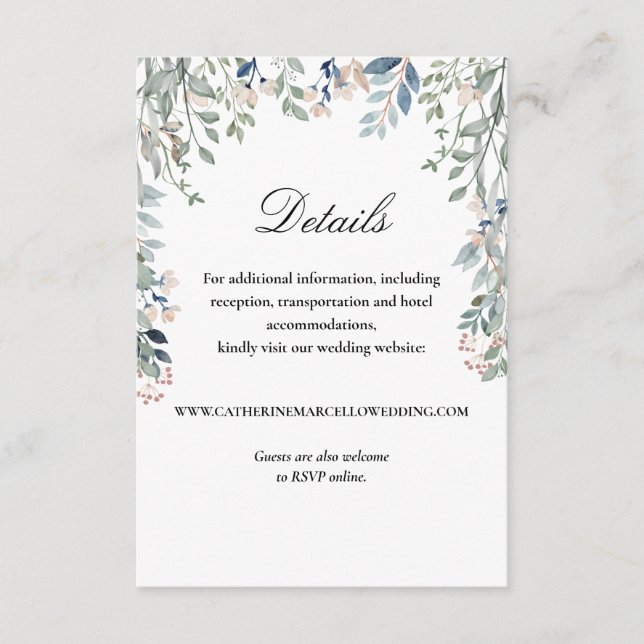 Elegant skrift blomkaskad bröllopsdetaljer tilläggskort (Framsida)