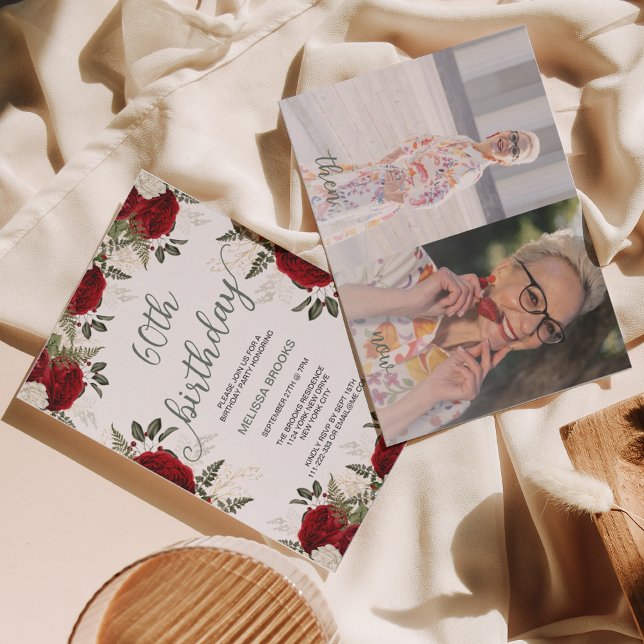 Elegant skrift blommig röd ros foto 60-årsdag inbjudningar (Skapare uppladdad)