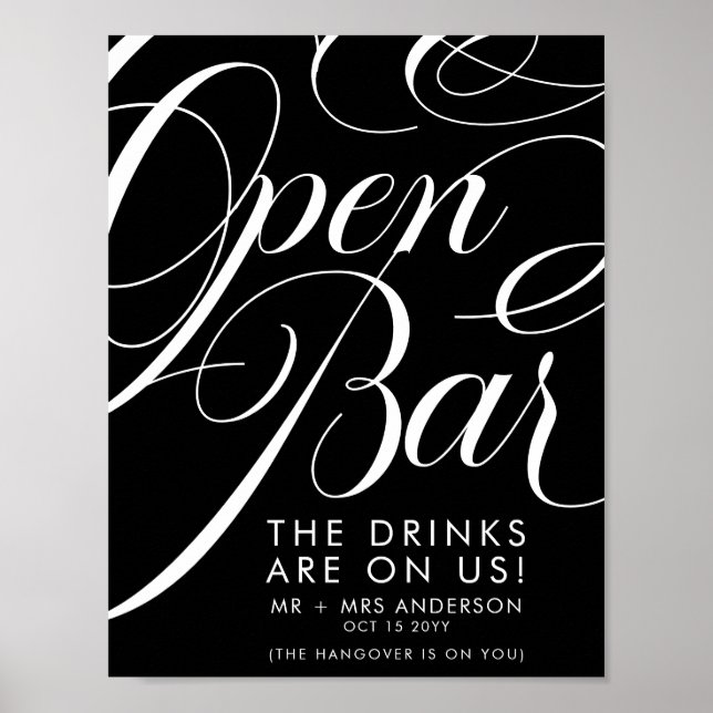 Elegant Skrift Bröllop Gratis Drycker Bar Meny Sva Poster (Framsidan)