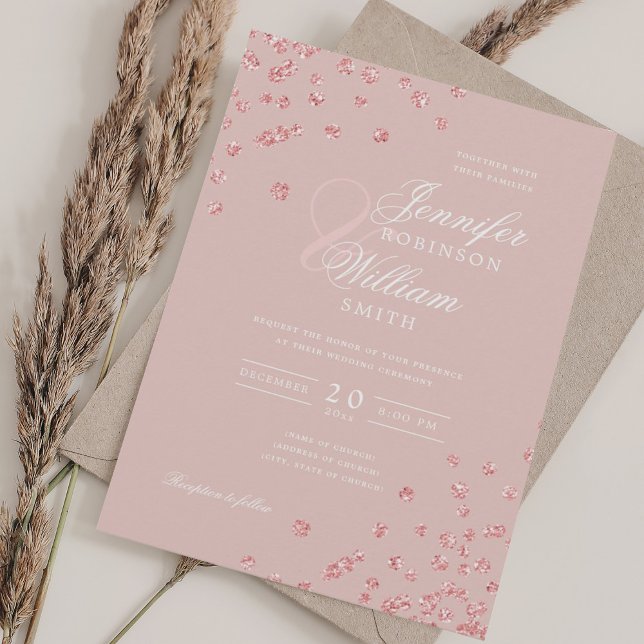 Elegant Skrift Bröllop Rose Guld Konfetti Rosa  Inbjudningar (Elegant Script Wedding Rose Gold Confetti Blush Invitation)