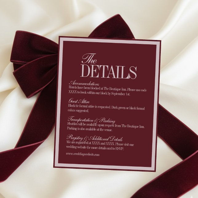 Elegant skrift burgunderröd formell bröllopsdetalj tilläggskort (Elegant Script Burgundy Red Formal Wedding Details Enclosure Card)